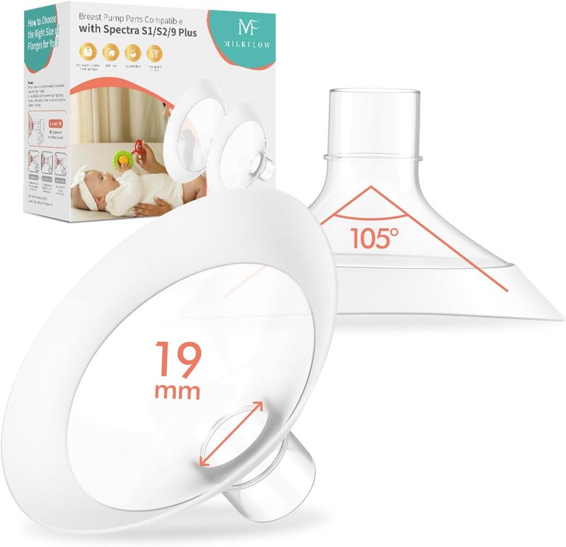 MilkFlow Breast Flanges 19mm 2-Pack for Medela Pump in Style, Symphony, Freestyle, Sonata, Maxflow and Lansinoh Signature Pro Breast Pumps - Image 1